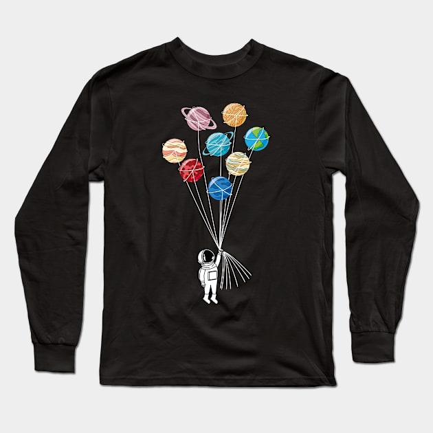 Funny Astronaut And Planets | Astronaut and Solar System | Funny Space Astronaut Flying With Planets As Balloons Long Sleeve T-Shirt by benayache